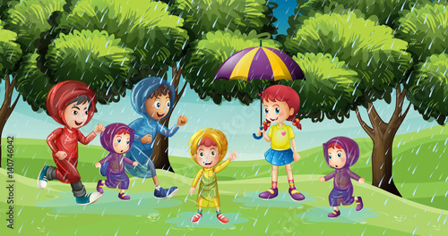 Park scene with children running in the rain