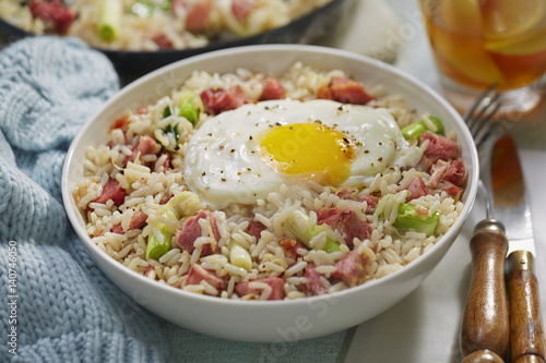 Ham and egg fried rice with scallions