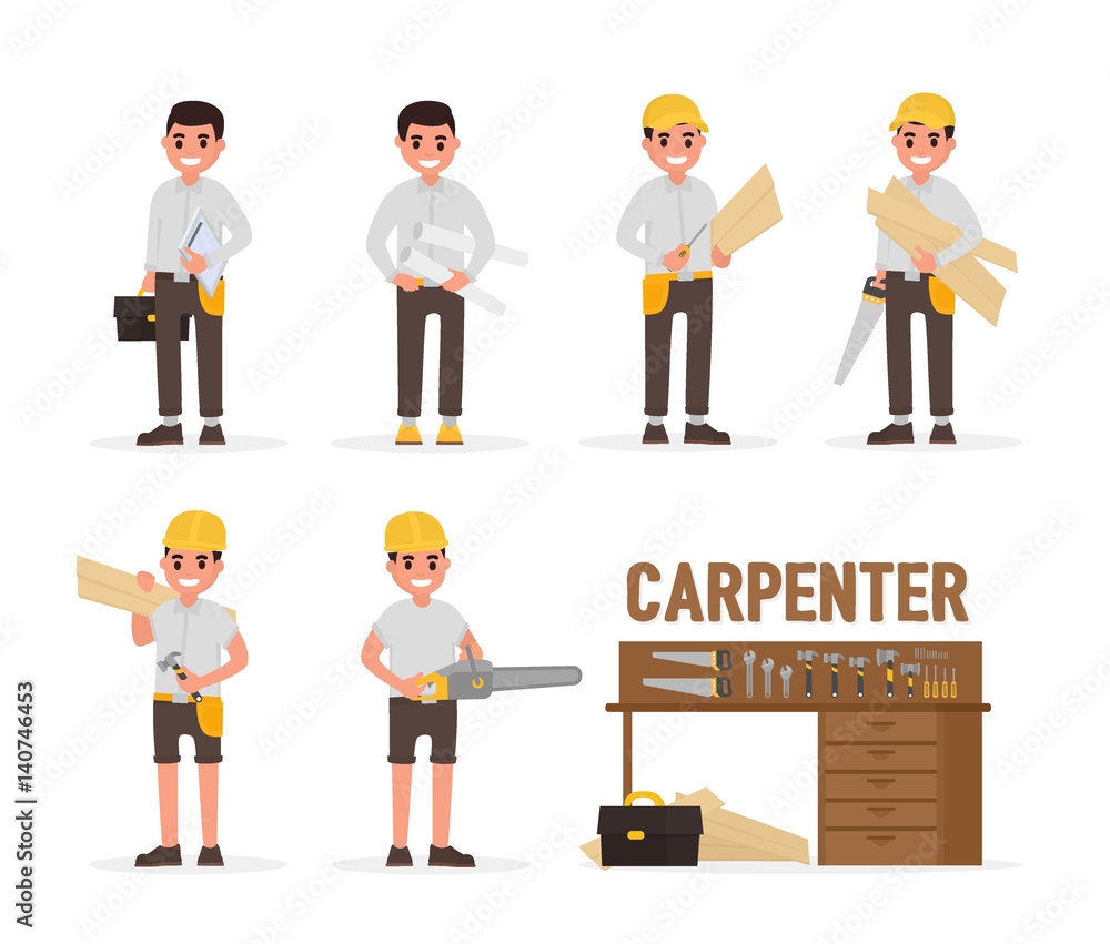 Carpenter, joiner, foreman, engineer and woodworker elements collection with various people actions. Vector illustration in flat style Carpenter, joiner, foreman, engineer and woodworker elements collection with various people actions. Vector illustration in flat style