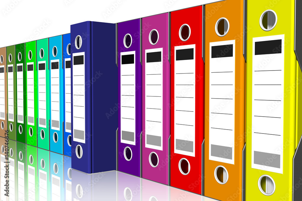 Serie di raccoglitori cartelle di vari colori per la classificazione dei  documenti. Database.. Stock Illustration