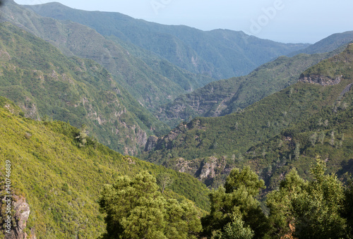 Picturesque aerial panorama of mountains and rainforest hills on Madeira island  Portugal.