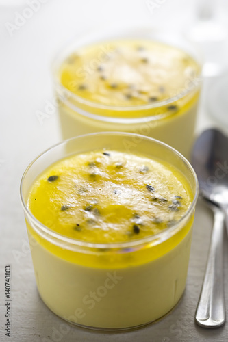 Mango mousse with passionfruit jelly dessert 