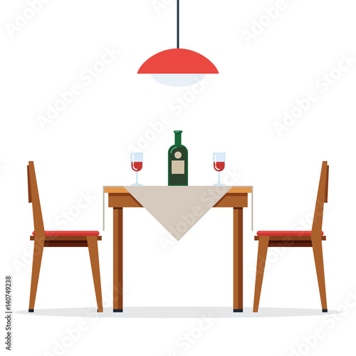 Dining table and chairs with wine