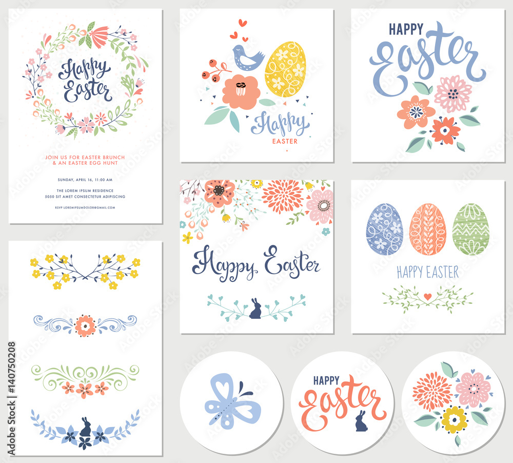 Vector Happy Easter templates with eggs, flowers, floral branches and wreath, rabbit, butterfly and typographic design. Vector Happy Easter templates with eggs, flowers, floral branches and wreath, rabbit, butterfly and typographic design.