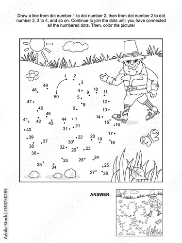 St. Patrick's Day themed connect the dots picture puzzle and coloring page with clover leaf and leprechaun. Answer included.
