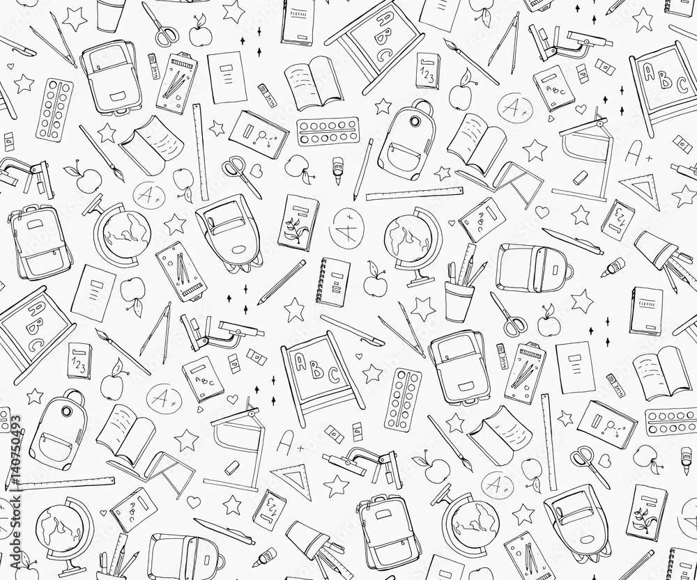 Hand drawn School doodle set illustration seamless pattern with School supplies, exercise book, microscope, globe , backpack, desk, Textbooks, apple vector Hand drawn School doodle set illustration seamless pattern with School supplies, exercise book, microscope, globe , backpack, desk, Textbooks, apple vector