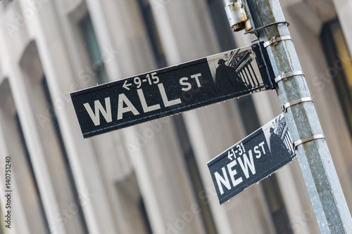 Wall street sign on street of New York City, USA.