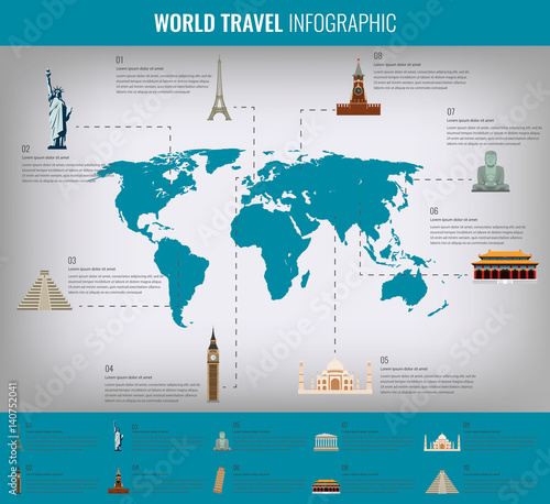 Infographic world landmarks on map. Vector