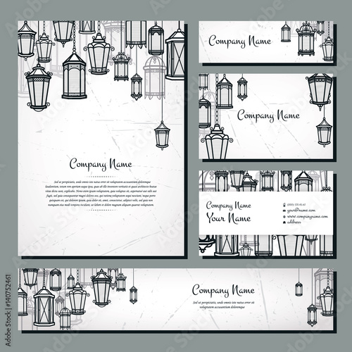 Vintage lantern vector banner background set. Retro antique backrop for business. Classic hanging light cover illustration. Elegant invitation postcard paper design. Traditional card. Victorian style.