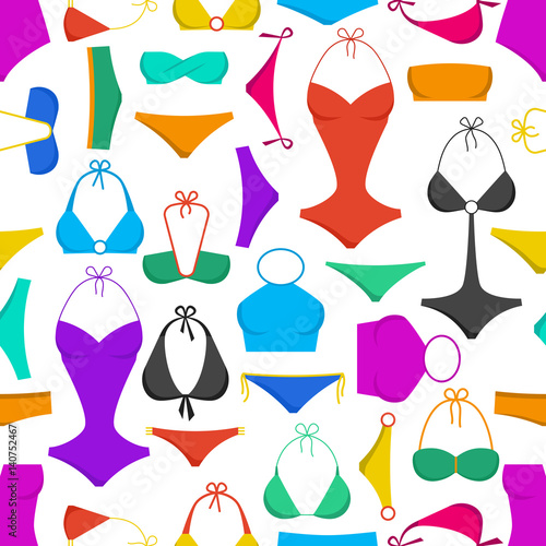 Vector illustration of women's swimsuit design seamless pattern. Fashion bikini collection. Female stylish swimwear silhouettes isolated. Flat beach clothing underwear set.