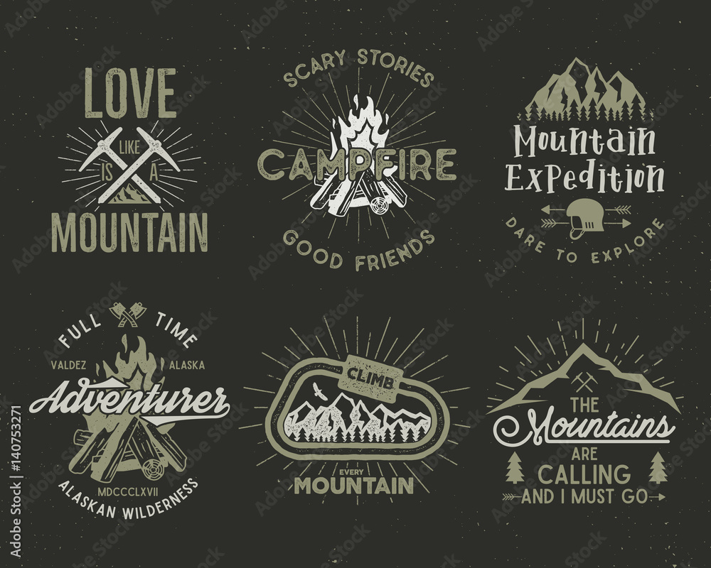 Obraz premium Set of mountain and scouting badges. Climbing labels, mountains expedition emblems, vintage hiking silhouettes logos and design elements. Vector retro letterpress style isolated