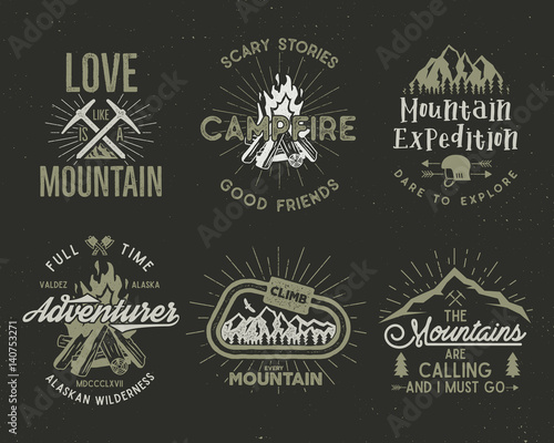 Set of mountain and scouting badges. Climbing labels, mountains expedition emblems, vintage hiking silhouettes logos and design elements. Vector retro letterpress style isolated