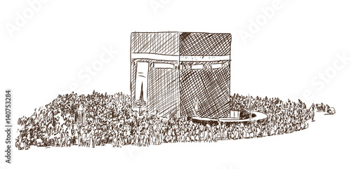 Hand drawn sketch of Holy Kaaba in Mecca Saudi Arabia with muslim people, vector illustration.