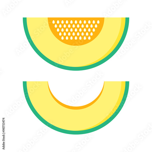 Flat design melon slice with and without seeds isolated on white background.