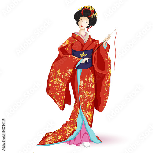 Japan National doll Hina Ningyo in a red kimono with pattern of gold lilies . A character in a cartoon style. Vector illustration on white background.