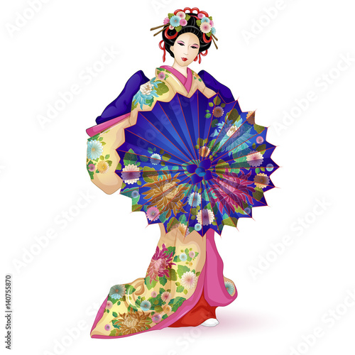 Japan National doll Hina Ningyo in a blue kimono with an umbrella. Umbrella and kimono decorated with a pattern with chrysanthemums. A character in a cartoon style. Vector illustration.