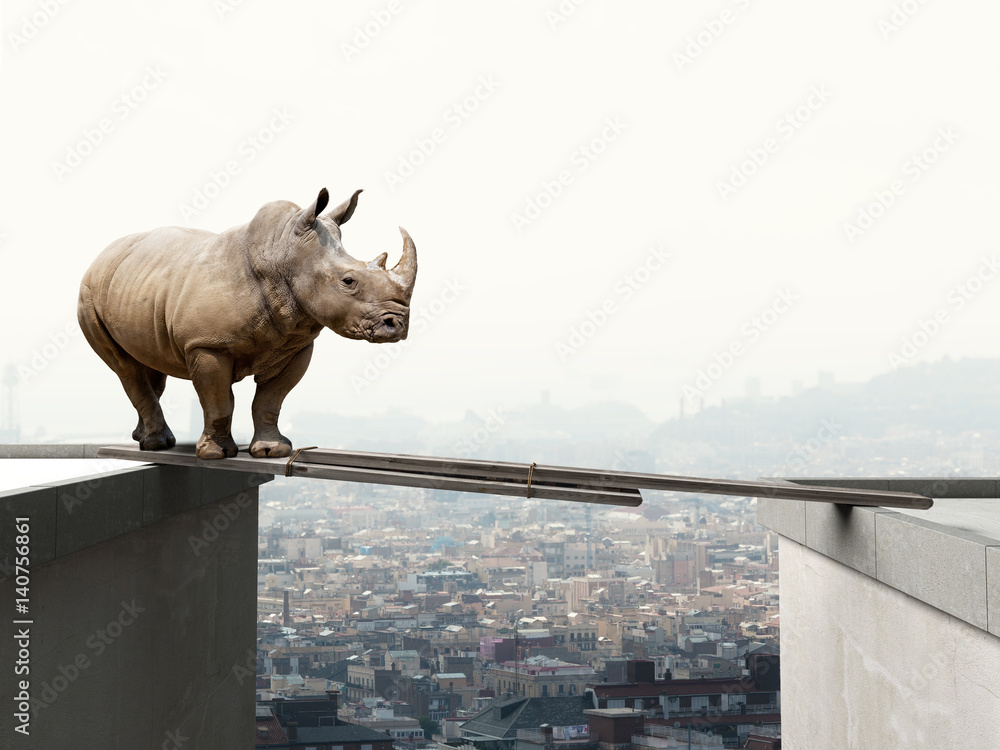 Naklejka premium abstrakcyjny obraz nosorożca próbującego przejść przez zaimprowizowany most między dwoma budynkami. miasto w tle. koncepcja odwagi i ryzykownego ryzyka