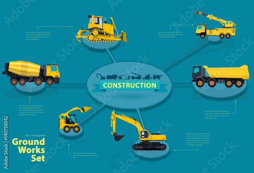 Graphical isometric layout themed construction machinery. Collection of heavy machinery for construction of houses, roads and industrial buildings. Earthworks Sales Offer infographics yellow vectors.