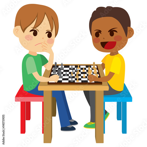 Two cute kid friends sitting playing chess game board