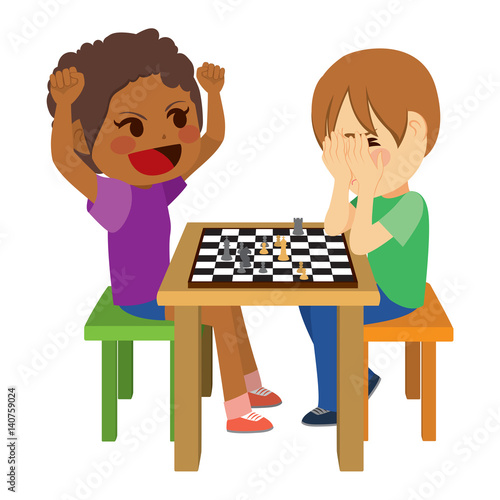 Two cute children playing chess with happy winning girl with arms up and sad boy losing covering face