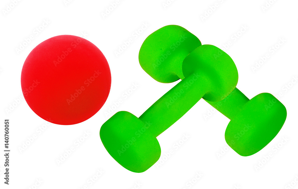 Couple of green dumbbells and red ball isolated on white Couple of green dumbbells and red ball isolated on white