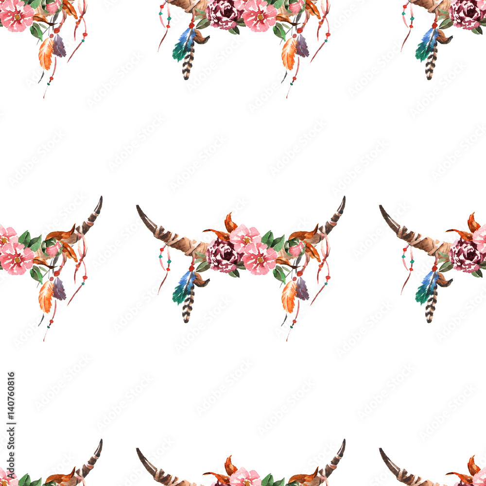 Obraz premium Boho watercolor seamless pattern with bouquet with feathers, flowers