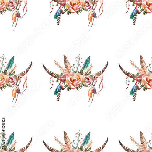 Boho watercolor seamless pattern with bouquet with feathers  flowers