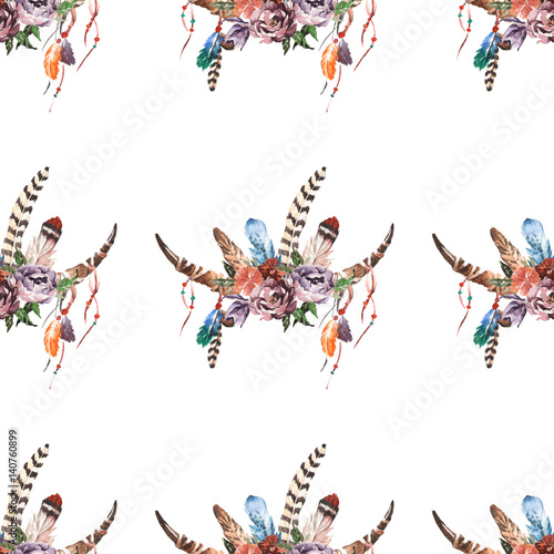 Boho watercolor seamless pattern with bouquet with feathers, flowers