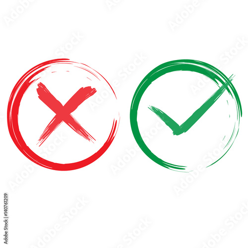Tick and cross signs. Green checkmark OK and red X icons, isolated on white background. Simple marks graphic design. Circle symbols YES and NO button for vote, decision, web. Vector illustration