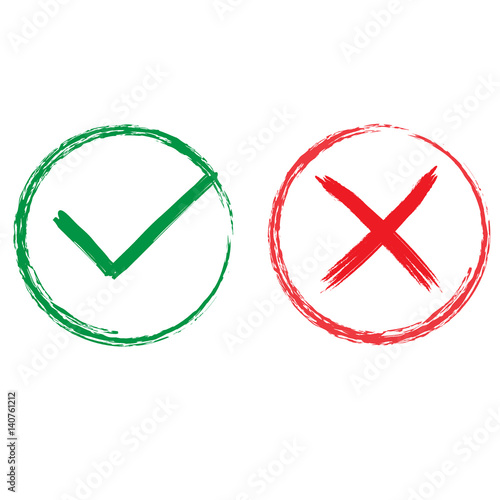 Tick and cross signs. Green checkmark OK and red X icons, isolated on white background. Simple marks graphic design. Circle symbols YES and NO button for vote, decision, web. Vector illustration