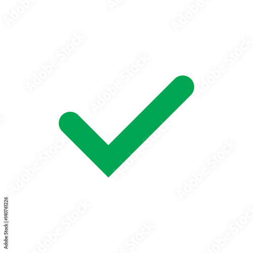 Tick sign element. Green checkmark icon isolated on white background. Simple mark graphic design. OK button for vote, decision, web. Symbol of correct, check, approved. Vector illustration