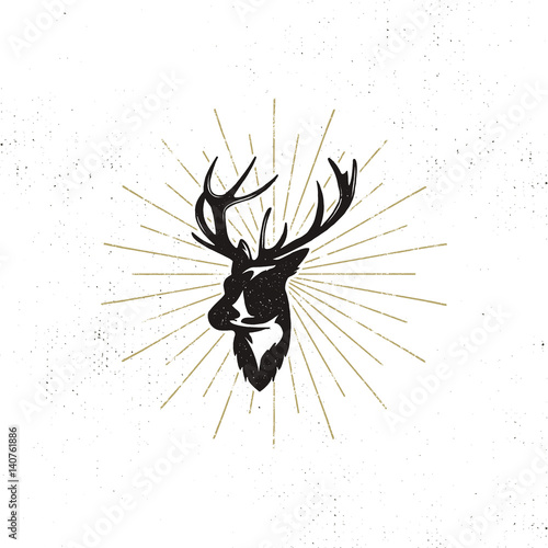 Hand drawn deer's head label. Vintage black vector silhouette of Deer head with antlers, sunbursts isolated on white background. Wild animal shape design. Stamp Illustration