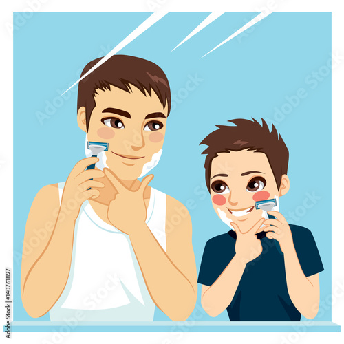 Father teaching son shaving and having fun together on bathroom mirror