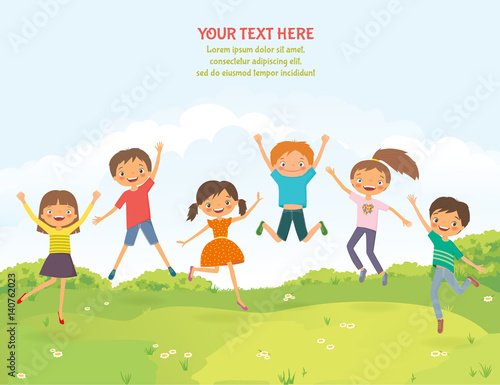 Happy jumping children in the summer background