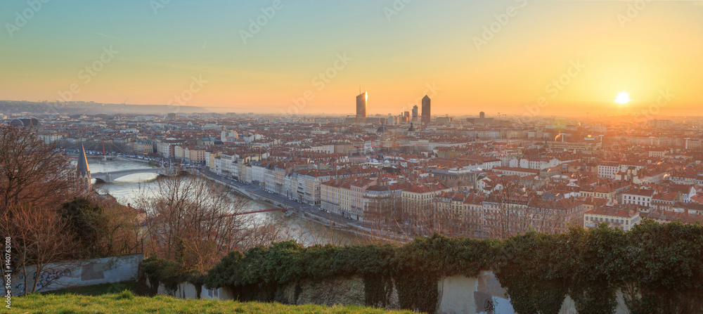 Colorful spring sunrise over the city of Lyon, France.