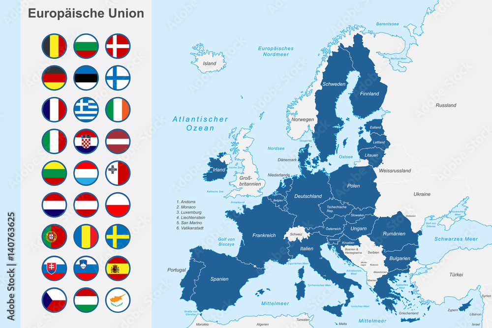 Obraz premium Unia Europejska - mapa z flagami