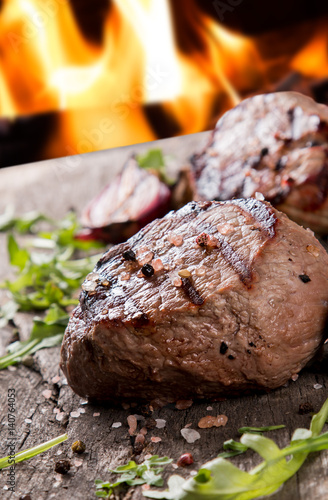 Beef steak on woode table, Fresh grilled steak with vegetable