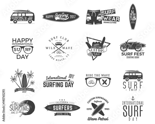 Vintage surfing graphics and emblems set for web design or print. Surfer, beach style logo design. Surf Badge. Surfboard seal, elements, symbols. Summer boarding on waves. Vector hipster insignias photo
