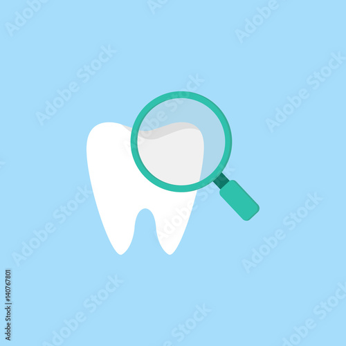 Checking teeth flat icon, dental and medicine, tooth with magnifier sign vector graphics, a colorful solid pattern on a blue background, eps 10.