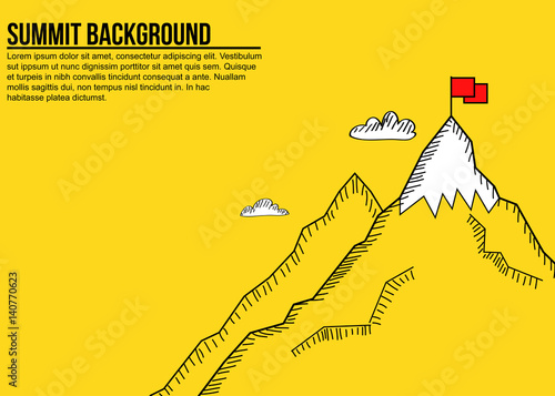 Sketch style minimalist banner of mountain summit and red flag