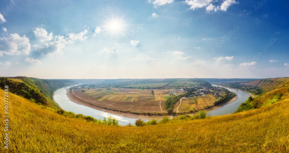 Sinuous river flowing through the canyon. Location place Dnister. Ukraine, Europe.