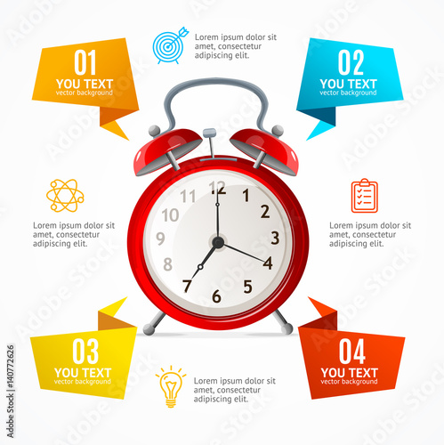 Alarm Clock Menu Infographic Option Banner Card. Vector