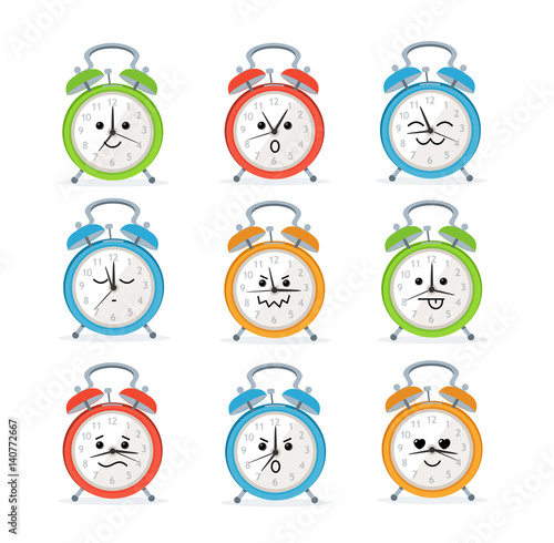 Alarm Clock Characters Mascot Set. Vector