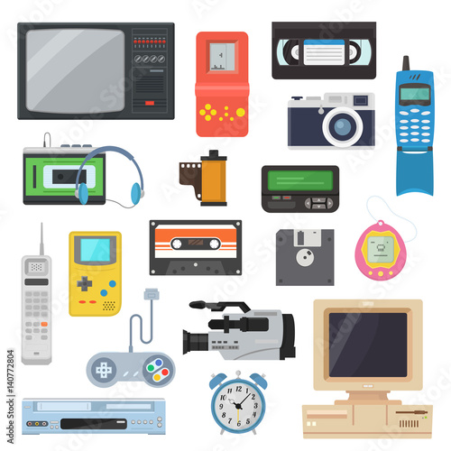 Icons of retro gadgets of the 90's in a flat style