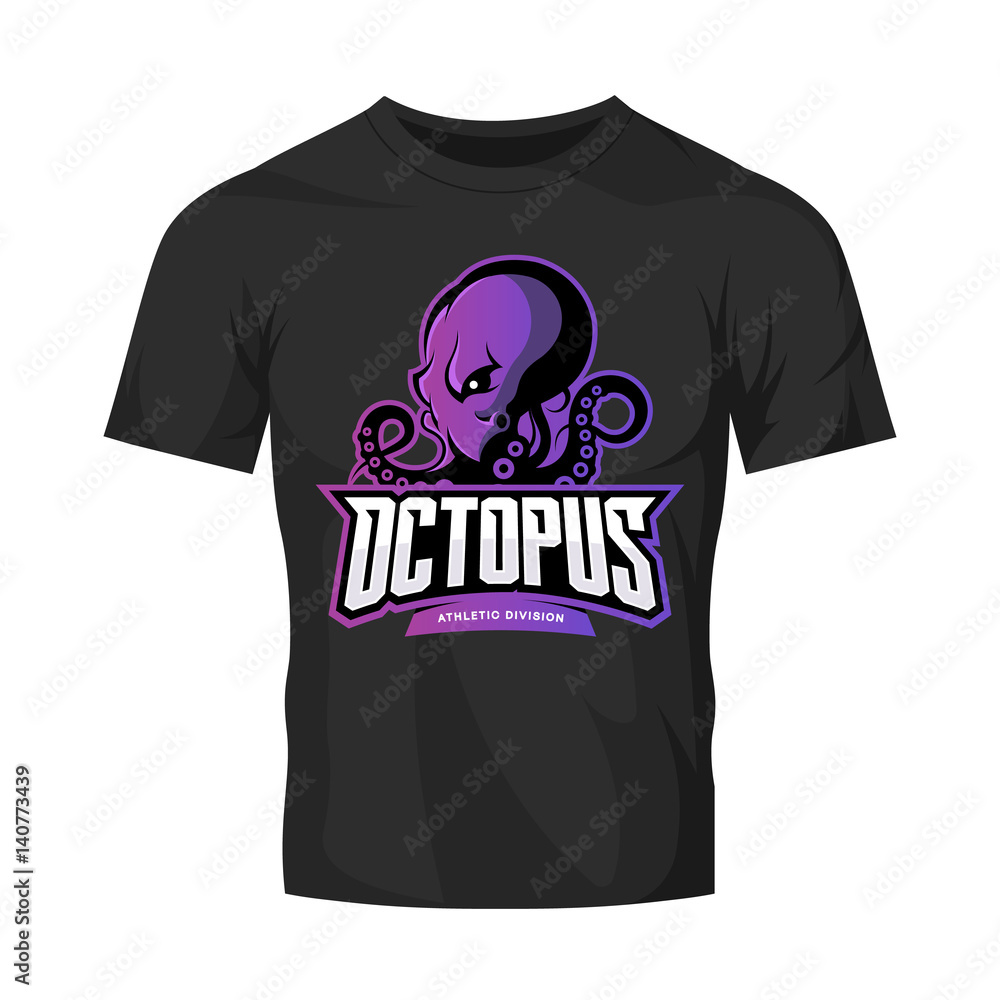 Fototapeta Furious octopus sport vector logo concept isolated on black t-shirt mockup. Modern professional team badge design. Premium quality wild cephalopod mollusk t-shirt tee print illustration.