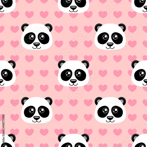 Seamless pattern with cute cartoon panda and heart on pink background