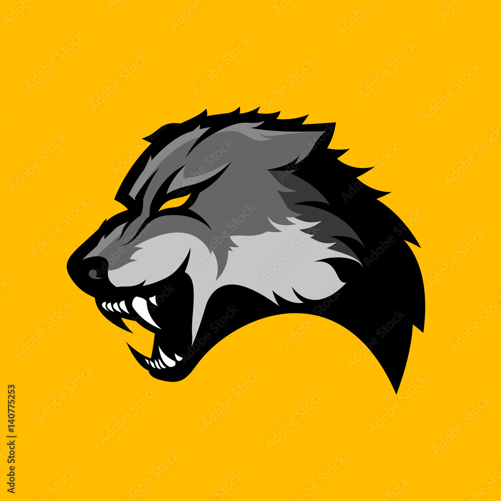 Furious wolf sport vector logo concept isolated on yellow background.  Modern predator professional team badge design. Premium quality wild animal  t-shirt tee print illustration. Stock Vector | Adobe Stock