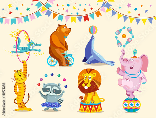 Circus animals decorative icons set. Funny circus elephant, tiger, cat, bear, raccoon, lion perform tricks. Vector Illustration.