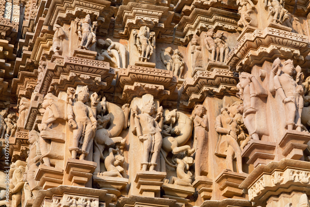 Ancient reliefs at famous erotic temple in Khajuraho, India