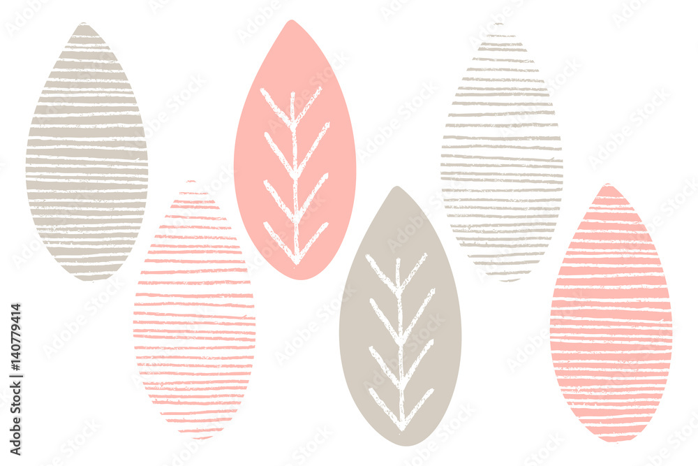 Nature vector pattern. Grey pink and white leaves with lines. Hand drawn abstract spring ornament Nature vector pattern. Grey pink and white leaves with lines. Hand drawn abstract spring ornament